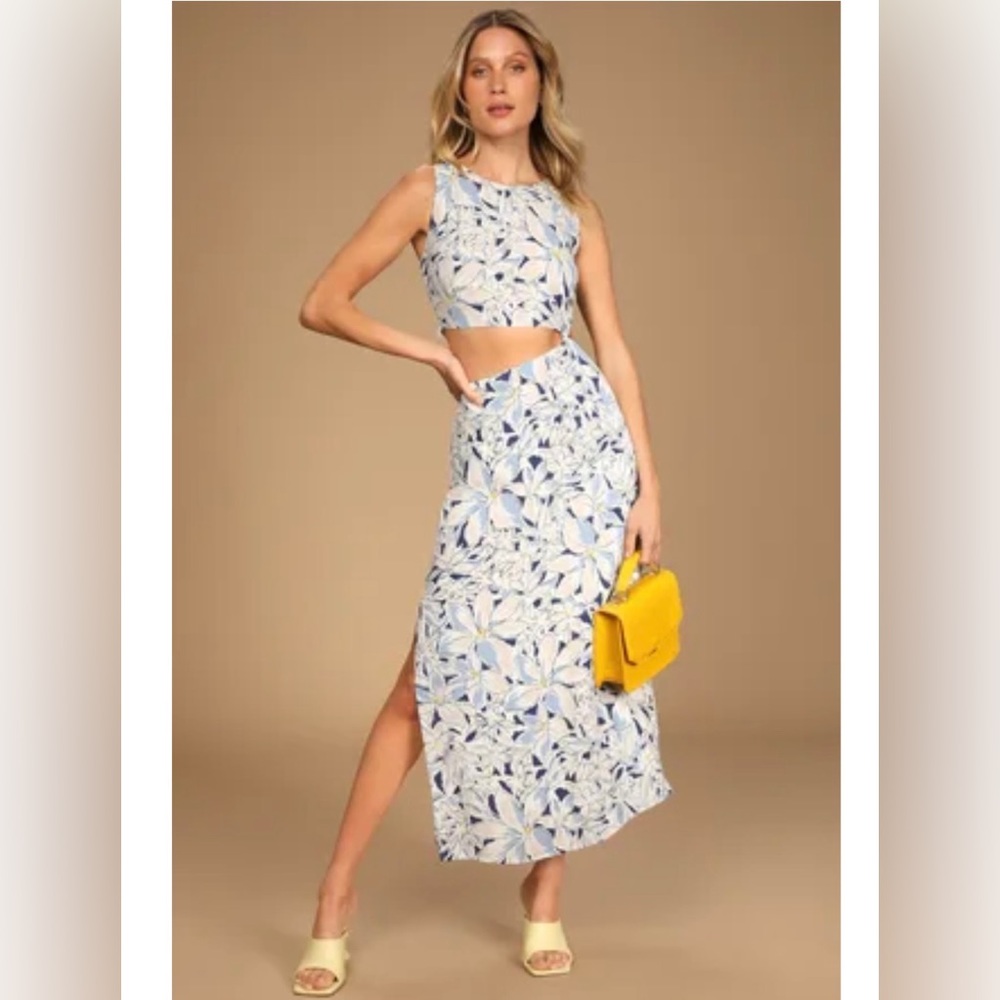 Lulus Chic Perspective Blue Print Cutout Knotted Sleeveless Midi Dress